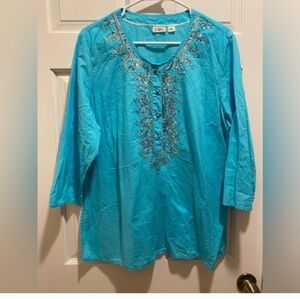Cato Turquoise Aqua Embroidered Tunic Top